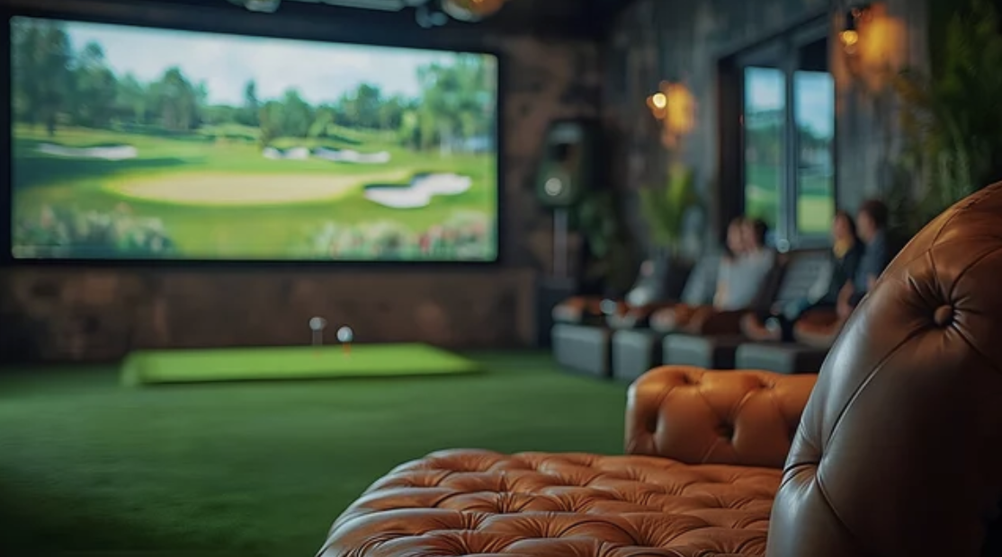 Premium golf simulator lounge with leather seating
